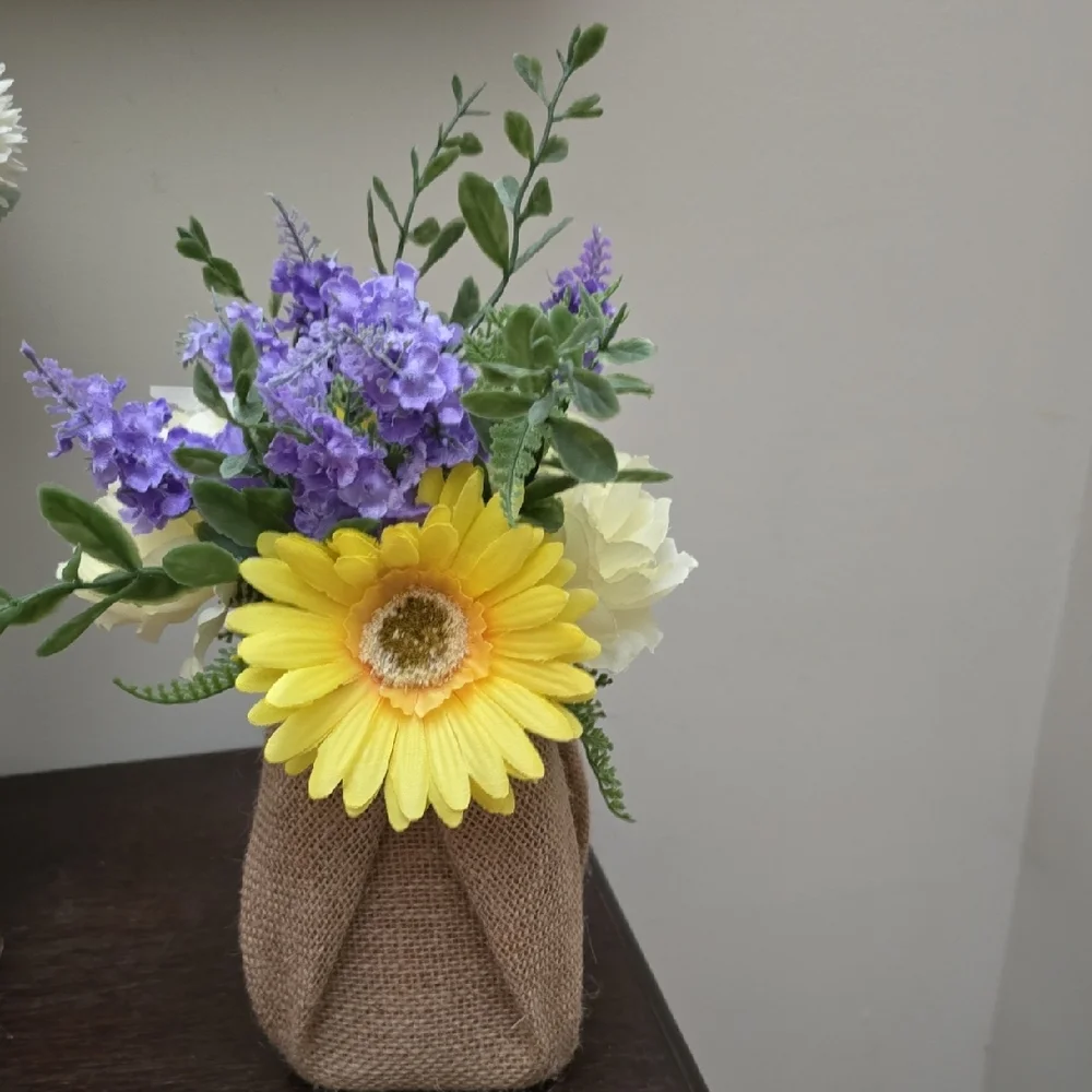 Rustic Floral Arrangement with Yellow and Purple Accents